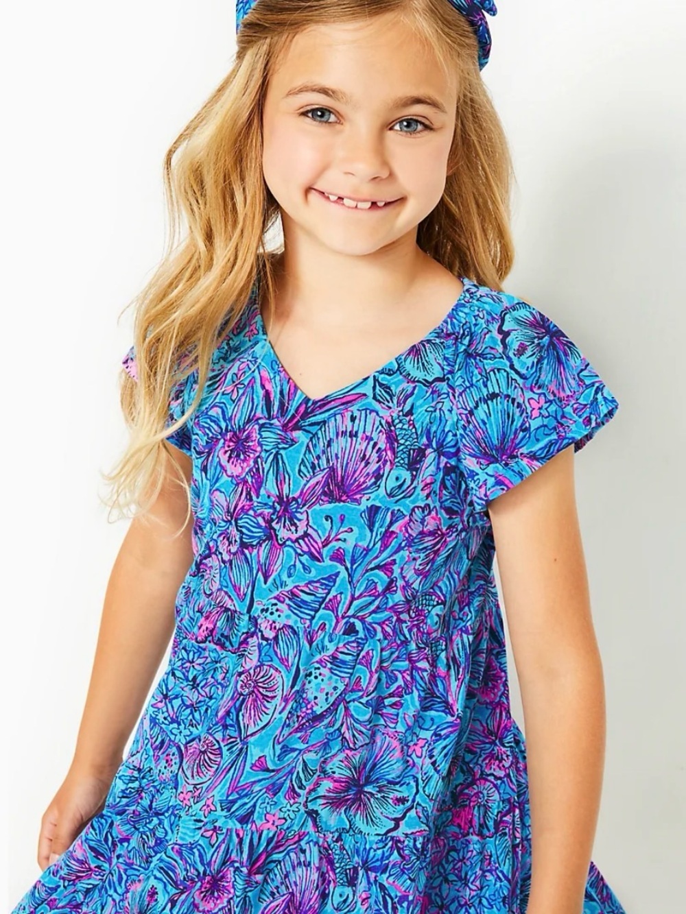 Lilly Pulitzer Kawai Flutter Sleeve Swing Dress Breakwater Blue shells n bells